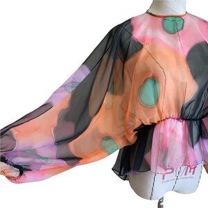Vintage 70s 80s Sheer Peplum Dolman Blouse Top Dreamy Watercolor Floral Carrie